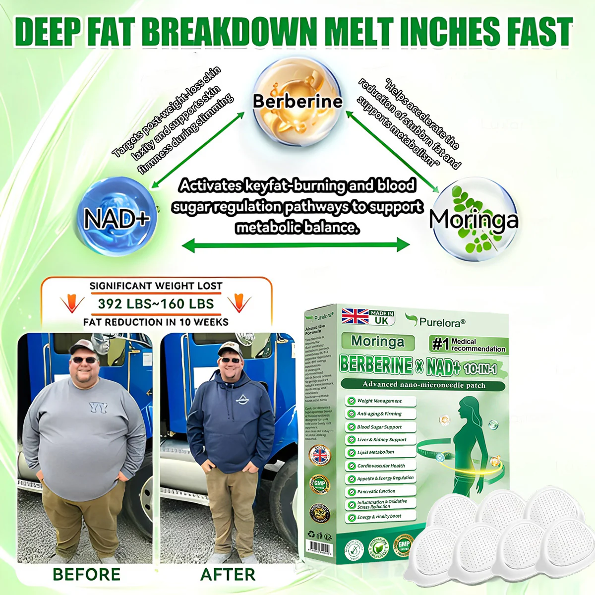 ⭐ Top Rated| Purelora® Moringa Berberine × NAD⁺ 10-in-1 Nano Microneedle Patch (Just once daily, visible changes in 7 days) ✅ Supports weight management, loose skin, diabetes care, sleep apnea, joint comfort, and more - Image 8